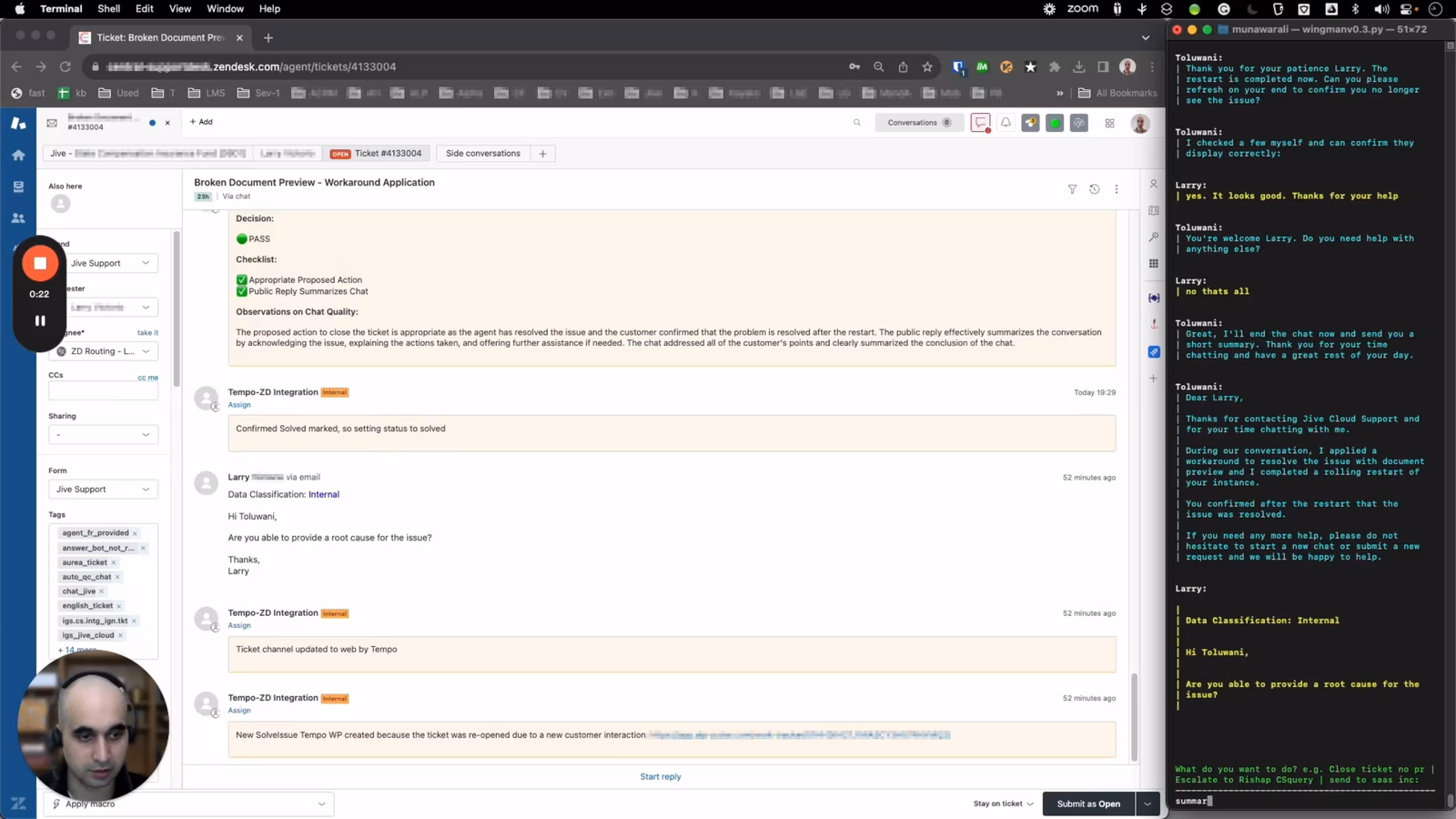 Zendesk support ticket beside a terminal running Wingman and drafting ticket responses.
